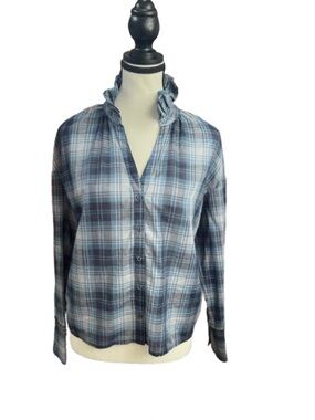 sundays Women’s 100% Cotton Weber Ruffle-Neck Blouse Sz XS Midnight Plaid NWT